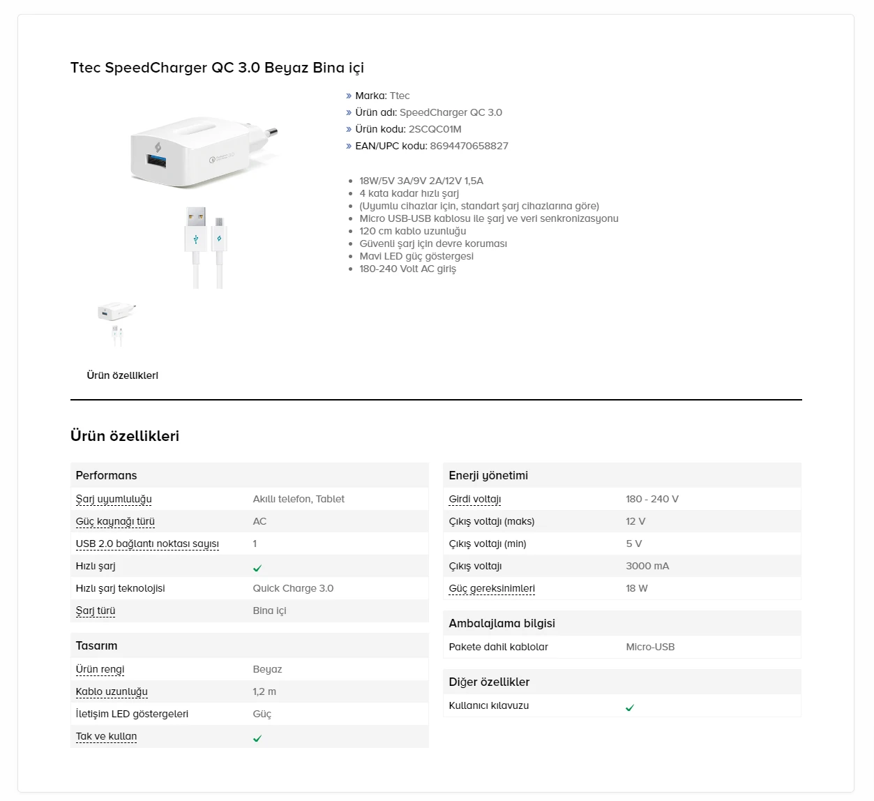 Ttec SpeedCharger QC 3.0 Seyahat Şarj Aleti + USB C Kablo (2)