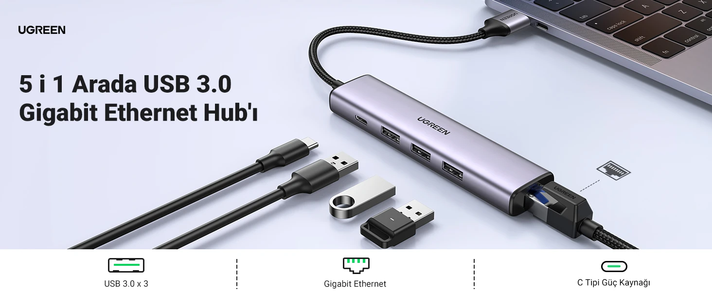 UGREEN USB Hub 3.0 USB LAN Adaptoru 3 Portlu USB 3.0 Ethernet Adaptoru Gigabit USB Ag Adaptoru 1000 Mbps 2024 (15)