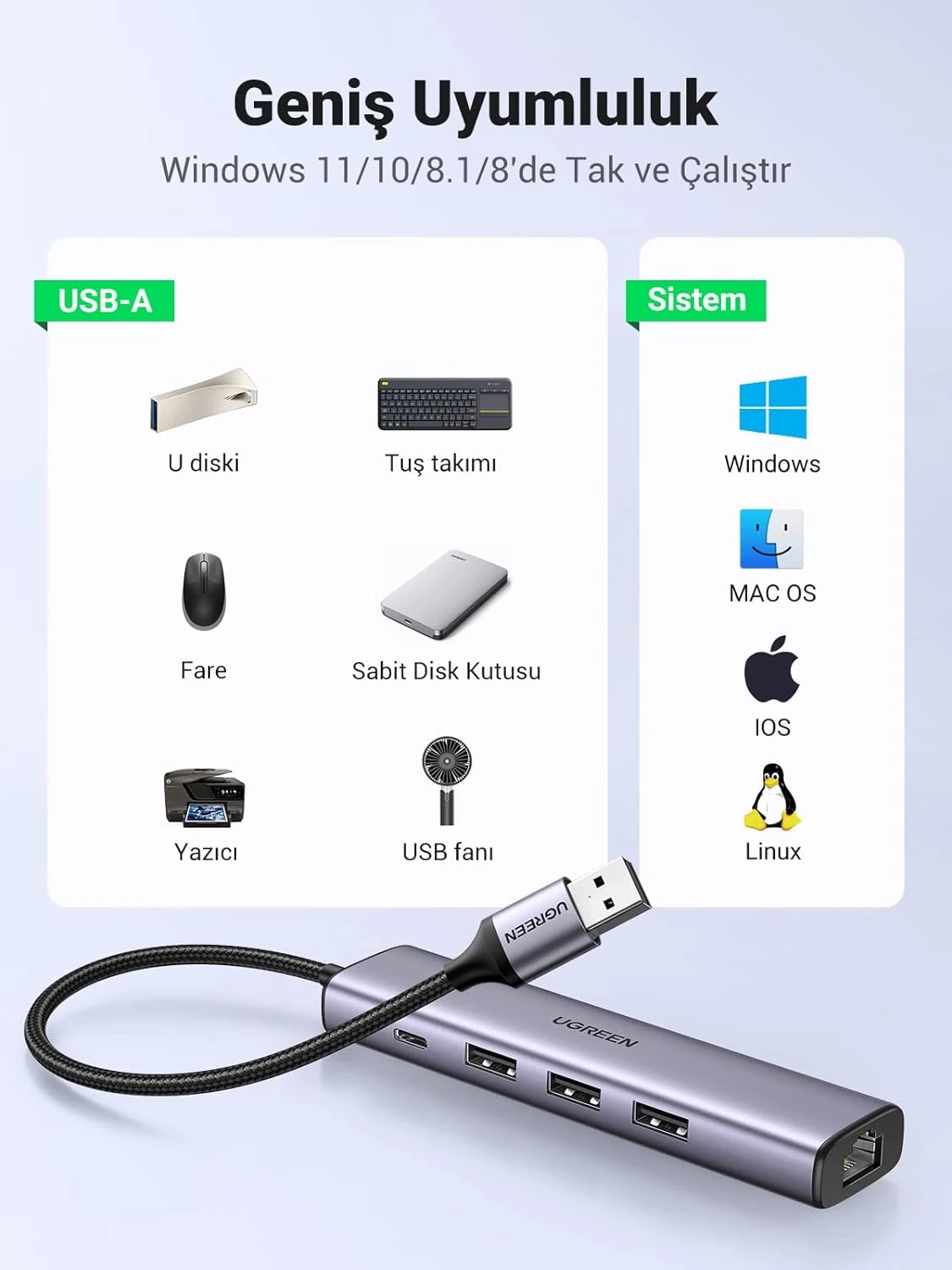 UGREEN USB Hub 3.0 USB LAN Adaptoru 3 Portlu USB 3.0 Ethernet Adaptoru Gigabit USB Ag Adaptoru 1000 Mbps 2024 (22)