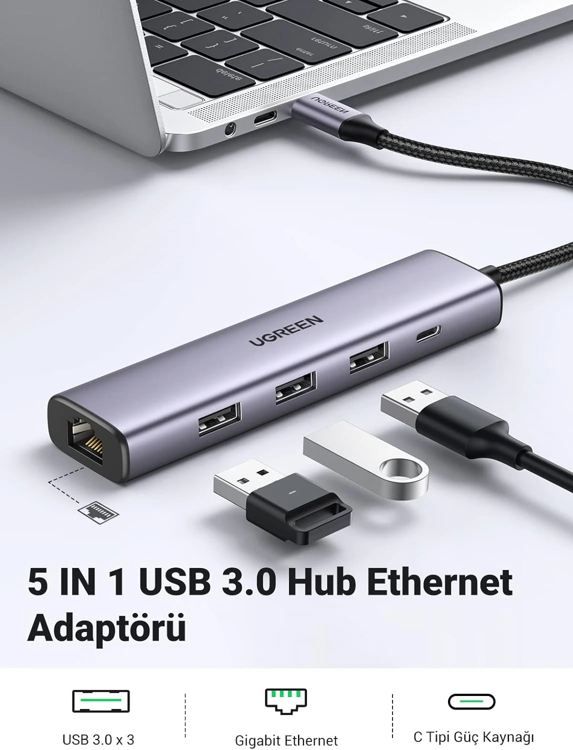 UGREEN USB Hub 3.0 USB LAN Adaptoru 3 Portlu USB 3.0 Ethernet Adaptoru Gigabit USB Ag Adaptoru 1000 Mbps 2024 (28)